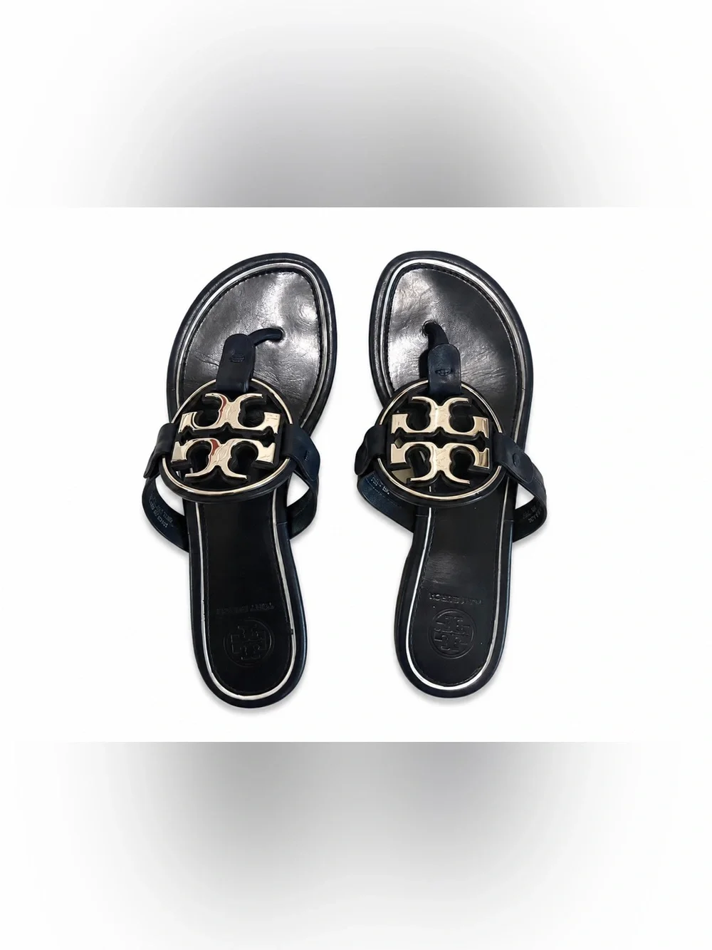 Tory Burch Navy Miller Metal Logo Thong Sandals Silver Size 5